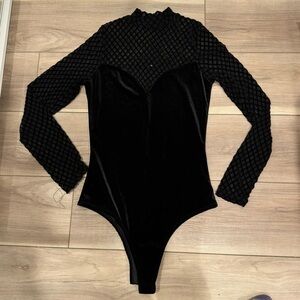Fashion Nova Bodysuit Leotard Mesh Sleeves Velvet Black Medium